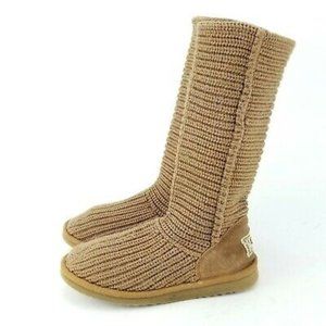 UGG Size 9 #5817 Tan Tall Knit Textile Cardy Pull On Boots w/ Sheepskin Lining